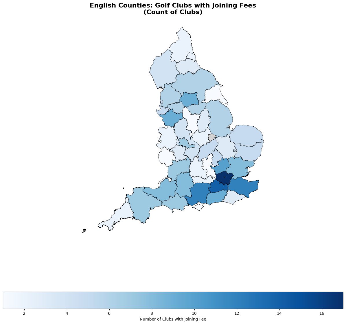 Map of English counties shaded by the number of clubs with joining fees